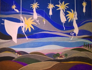Painting titled "Nuit Étoilée" by Wass Laouir, Original Artwork, Pastel Mounted on Cardboard