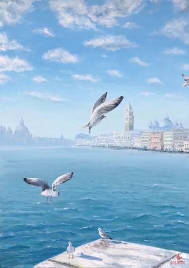 Pintura titulada "Venice seagulls" por Olesoid, Obra de arte original, Oleo Montado en Bastidor de camilla de madera