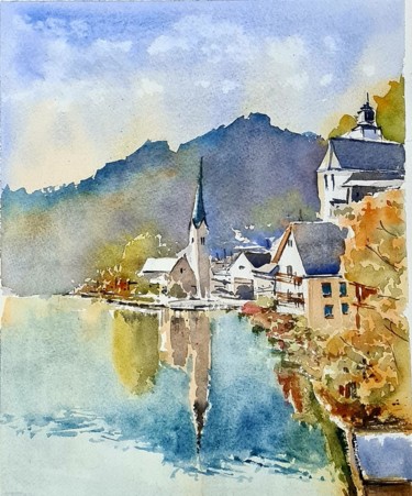 Painting titled "Morning sun at Hall…" by Watervrush, Original Artwork, Watercolor
