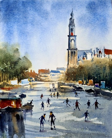 Painting titled "Winter morning at A…" by Watervrush, Original Artwork, Watercolor