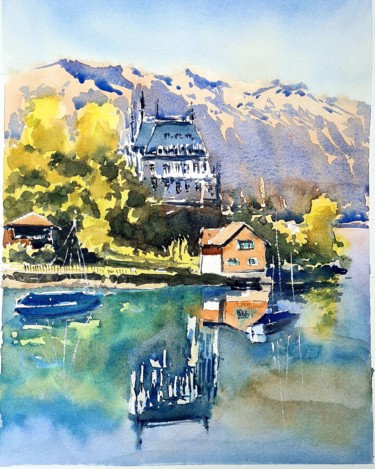 Painting titled "Swiss castle with t…" by Watervrush, Original Artwork, Watercolor