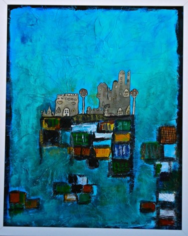Collages intitulée "Village Bleu" par Lucienne Weill, Œuvre d'art originale