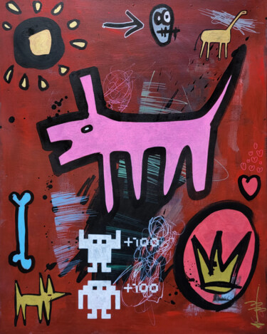 Schilderij getiteld "Pink Dog Blue Bone" door Well Well, Origineel Kunstwerk, Acryl Gemonteerd op Houten paneel