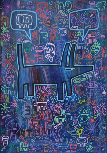 Malerei mit dem Titel "Blue Skullday" von Well Well, Original-Kunstwerk, Acryl
