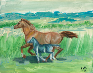 Painting titled "Mare with Colt" by Carol Roberts, Original Artwork, Acrylic