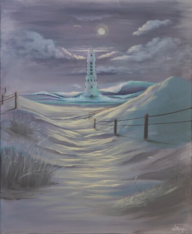 Painting titled "Phare dans la nuit" by Wendy Maggi, Original Artwork, Acrylic Mounted on Wood Stretcher frame
