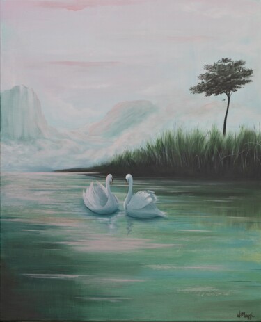 Painting titled "deux cygnes" by Wendy Maggi, Original Artwork, Acrylic Mounted on Wood Stretcher frame