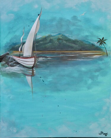 Painting titled "Voilier sur eau tur…" by Wendy Maggi, Original Artwork, Acrylic Mounted on Wood Stretcher frame