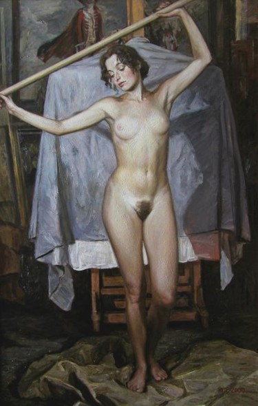 Painting titled "Девушка с веслом" by Iurii Pantsyrev, Original Artwork, Oil