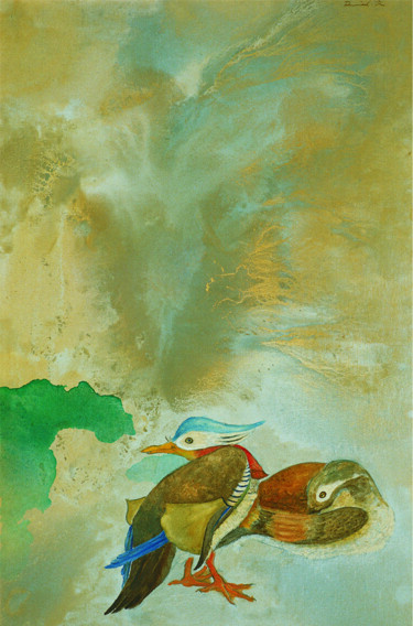 Peinture intitulée "Les  canards mandar…" par Wenwu Wen, Œuvre d'art originale, Huile