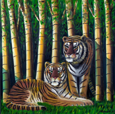 Painting titled "Tiger im Bambus" by Weralgos, Original Artwork, Oil