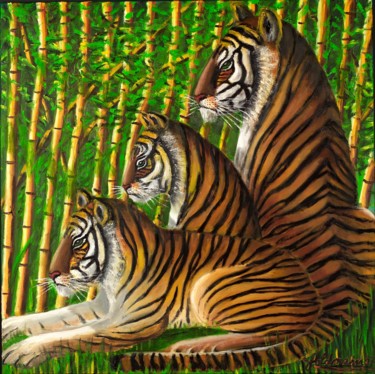 Painting titled "Tiger im Bambus II" by Weralgos, Original Artwork, Oil