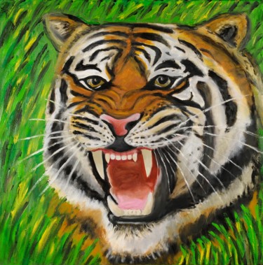 Malerei mit dem Titel "Tigerkopf" von Weralgos, Original-Kunstwerk, Öl