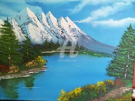 Malerei mit dem Titel "Berge am See" von Werner Stropnik, Original-Kunstwerk, Öl