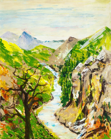 Painting titled "Mountain Stream" by Elizaveta Serdechnikova, Original Artwork, Acrylic