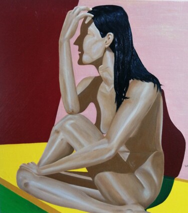 Painting titled "nue pensive" by Claude Wetteren, Original Artwork, Oil