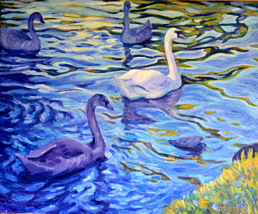 Painting titled "swans 3" by Eva Carty, Original Artwork, Oil Mounted on Wood Stretcher frame