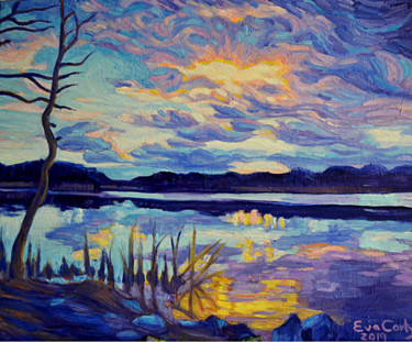 Painting titled "Evening" by Eva Carty, Original Artwork, Oil Mounted on Wood Stretcher frame