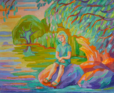 Painting titled "Weeping Willow" by Eva Carty, Original Artwork, Oil Mounted on Wood Stretcher frame