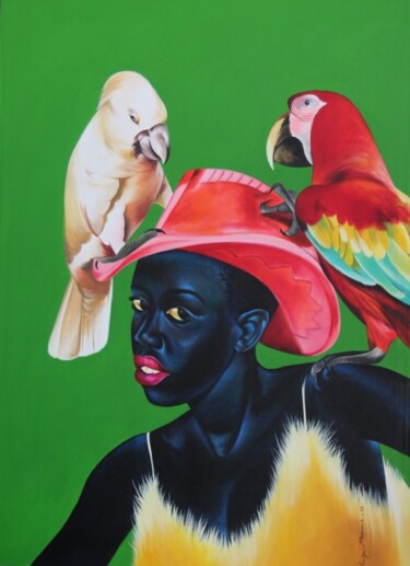 Schilderij getiteld "Parrot girl" door Ley Mboramwe, Origineel Kunstwerk, Acryl