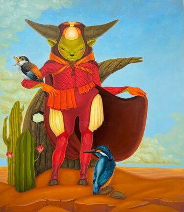 Painting titled "El Toro" by Wiccatori, Original Artwork, Oil Mounted on Wood Stretcher frame