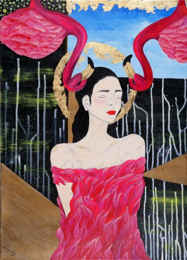 Malarstwo zatytułowany „Flamingi” autorstwa Wiktoria Wąchalska, Oryginalna praca, Akryl