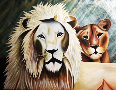 Schilderij getiteld "White Lion & Lioness" door El-Joa, Origineel Kunstwerk
