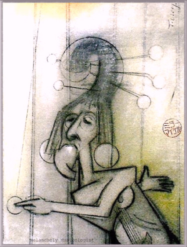 Rysunek zatytułowany „The Melancholy Musi…” autorstwa Wilf Tilley, Oryginalna praca, Conté Zamontowany na Karton