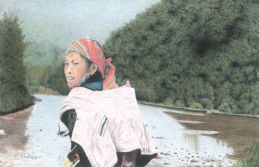 Dessin intitulée "Jeune mère vietnami…" par Wilfrid Barbier, Œuvre d'art originale, Crayon