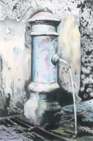 Desenho intitulada "Petite fontaine à R…" por Wilfrid Barbier, Obras de arte originais, Lápis Montado em Cartão