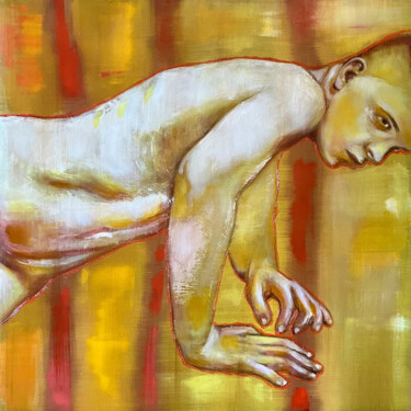 Painting titled "TORSE SUR FOND OCRE…" by Wilhelm Sommer, Original Artwork, Oil Mounted on Wood Panel