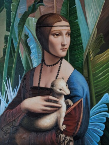 Painting titled "Lady with an hermine" by Wilhem Von Kalisz, Original Artwork, Oil Mounted on Wood Stretcher frame