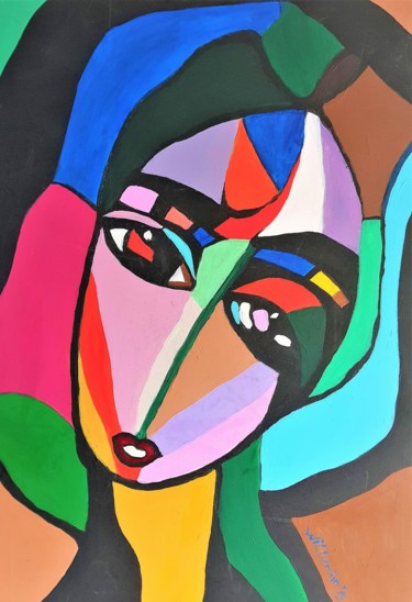 Schilderij getiteld "Colorful woman 01" door Willemijn Mensens, Origineel Kunstwerk, Acryl