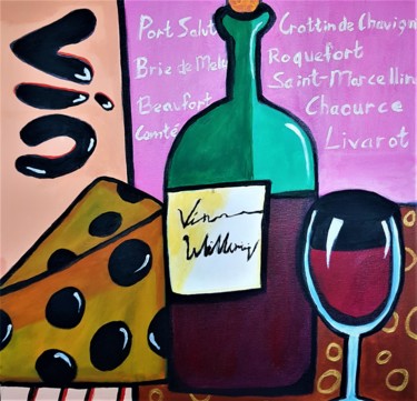 Schilderij getiteld "Vin et Fromage" door Willemijn Mensens, Origineel Kunstwerk, Acryl