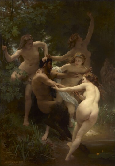 Painting titled "Nymphs and Satyr" by William Adolphe Bouguereau, Original Artwork, Oil
