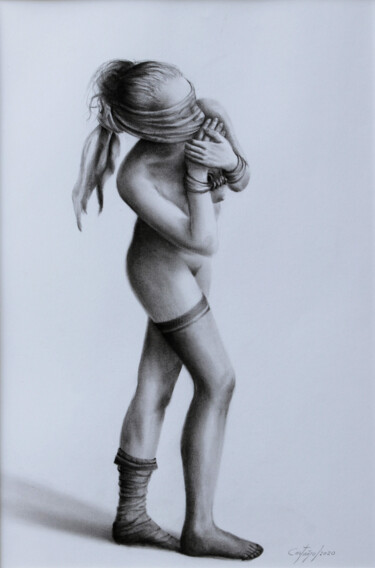 Drawing titled "Trouble Jeu" by William Castaño, Original Artwork, Charcoal Mounted on Wood Panel