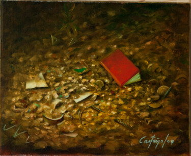 Painting titled "Petit agenda rouge" by William Castaño, Original Artwork, Oil Mounted on Wood Stretcher frame