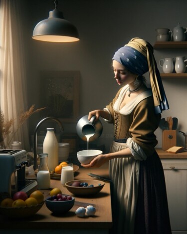 Arts numériques intitulée "Girl Pouring Milk" par William Eiffert, Œuvre d'art originale, Image générée par l'IA