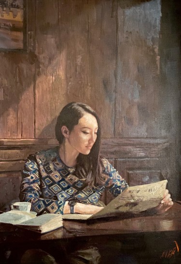 Schilderij getiteld "The Morning Papers" door William Oxer F.R.S.A., Origineel Kunstwerk, Acryl