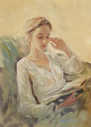 Schilderij getiteld "The Reader" door William Oxer F.R.S.A., Origineel Kunstwerk, Olie