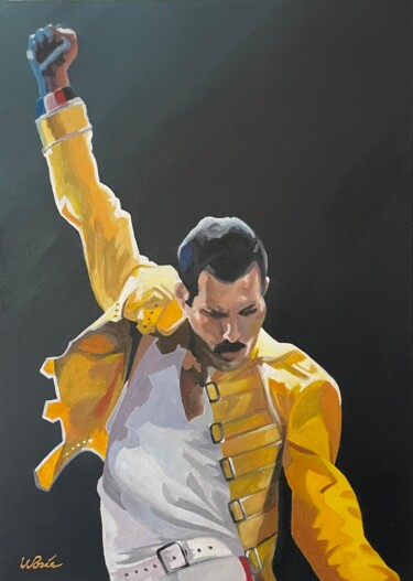 Painting titled "Freddie Mercury" by Willy Porée, Original Artwork, Acrylic Mounted on Wood Stretcher frame