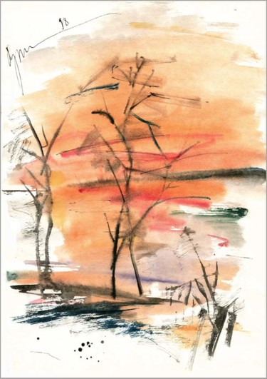 Dessin intitulée "закат на реке  suns…" par Dima Wilms, Œuvre d'art originale, Aquarelle