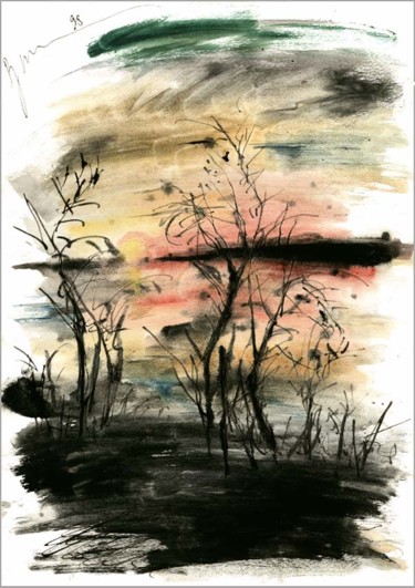Desenho intitulada "закат на реке  suns…" por Dima Wilms, Obras de arte originais, Aquarela