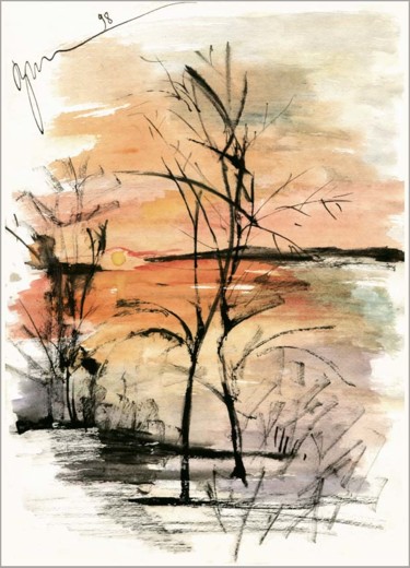 Tekening getiteld "закат на реке  suns…" door Dima Wilms, Origineel Kunstwerk, Aquarel