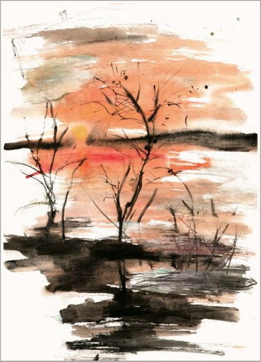 Dessin intitulée "закат на реке  suns…" par Dima Wilms, Œuvre d'art originale, Aquarelle