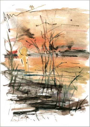 Рисунок под названием "закат на реке  suns…" - Dima Wilms, Подлинное произведение искусства, Акварель