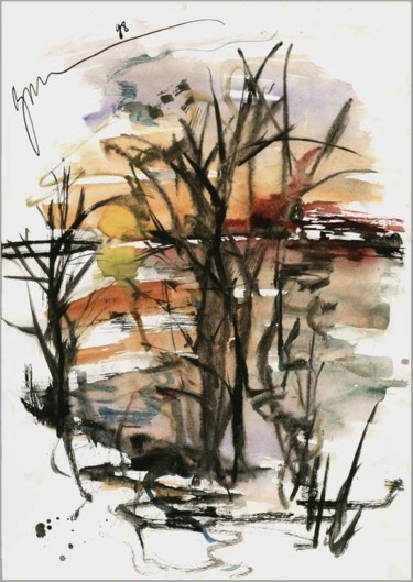Рисунок под названием "закат на реке  suns…" - Dima Wilms, Подлинное произведение искусства, Акварель