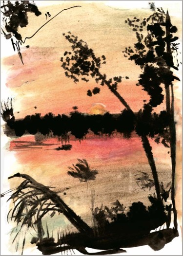 Disegno intitolato "закат на реке  suns…" da Dima Wilms, Opera d'arte originale, Acquarello
