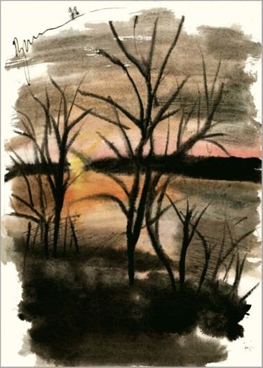「закат на реке  suns…」というタイトルの描画 Dima Wilmsによって, オリジナルのアートワーク, 水彩画