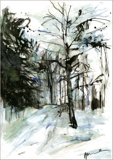 Рисунок под названием "L'hiver dans la for…" - Dima Wilms, Подлинное произведение искусства, Гуашь